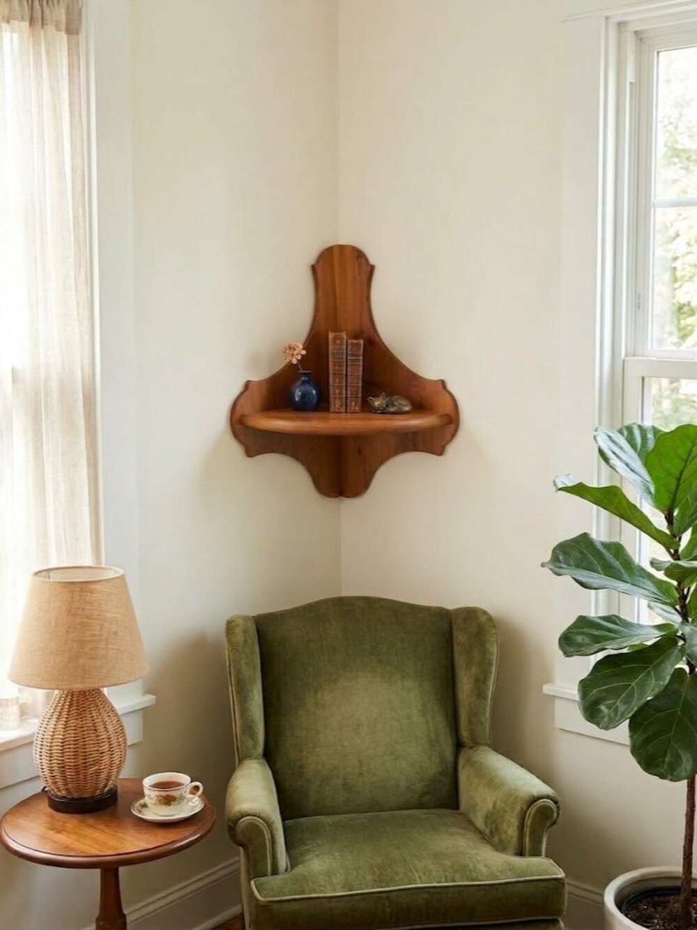Vintage Signed Wood Corner Wall Hanging Display Shelf for Plants or Knick Knacks